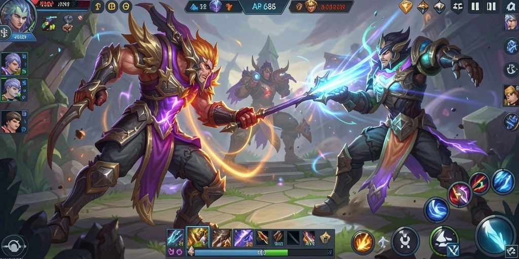 Tampilan gameplay MOBA yang seru dan menegangkan.