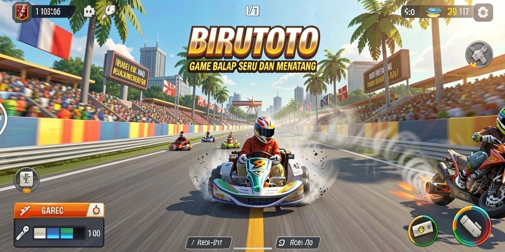 Screenshot gameplay BIRUTOTO dengan adegan balap yang mendebarkan.