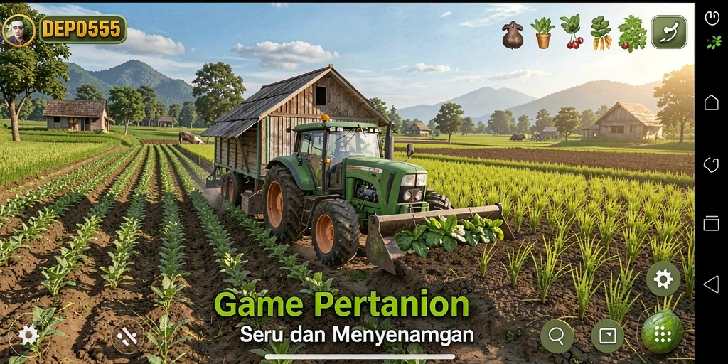 Tampilan gameplay DEPO555 dengan suasana pertanian yang menawan.