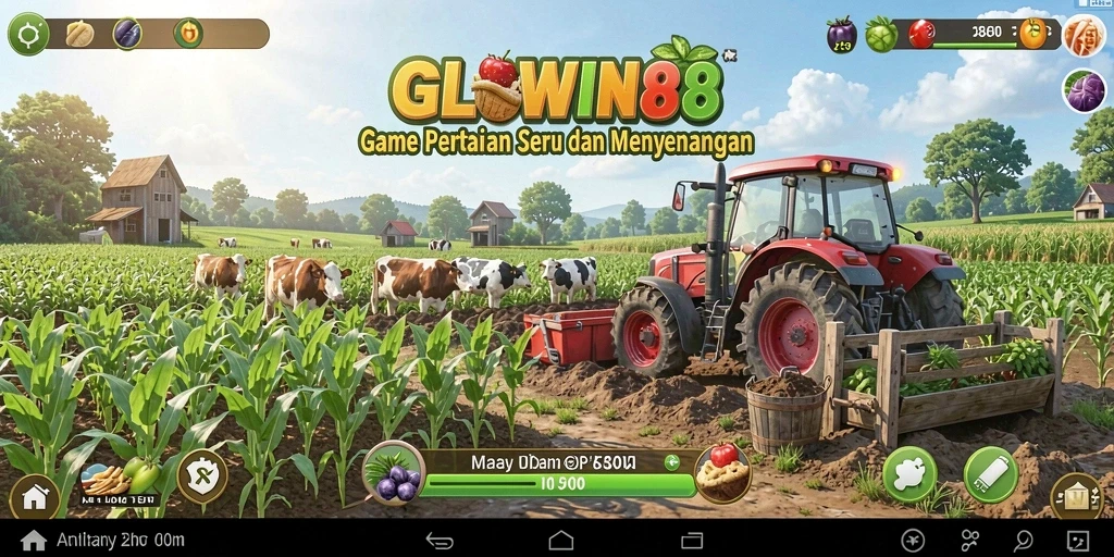 Screenshot utama GLOWIN88 menampilkan pemandangan ladang yang subur dan berwarna-warni.
